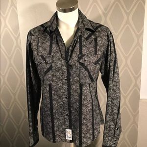 VTG PanhandleWestern Pearl Snap Shirt Black Floral